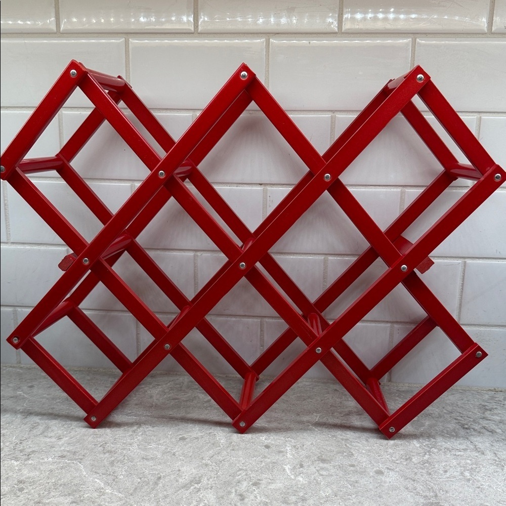 Folding Red wooden wine rack. Holiday wine storage decor Like New!